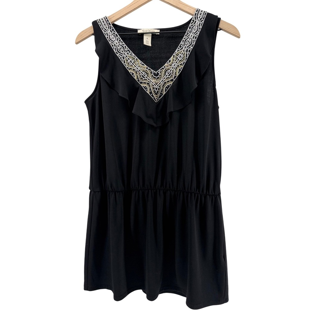 White House Black Market Boho Black Beaded V-Neck Ruffle Drop Waist Top Medium - Picture 2 of 8